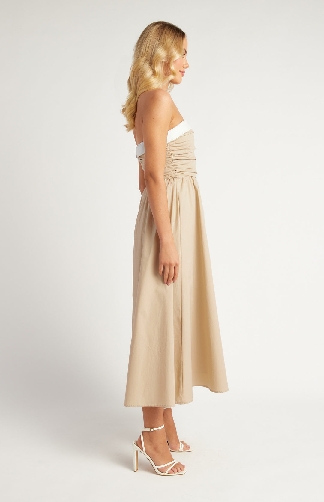 Cotton Contrast Neckline Ruched Midi