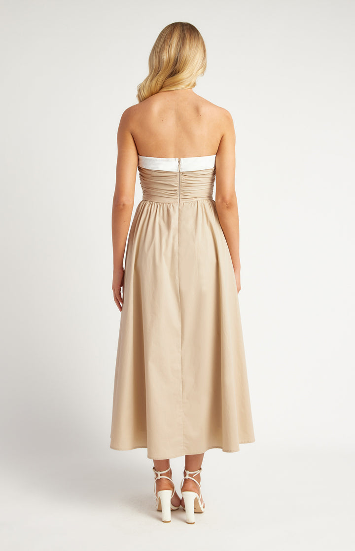 Cotton Contrast Neckline Ruched Midi