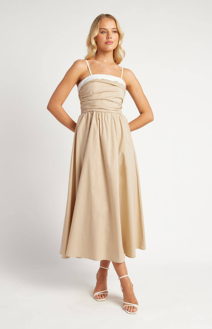 Cotton Contrast Neckline Ruched Midi