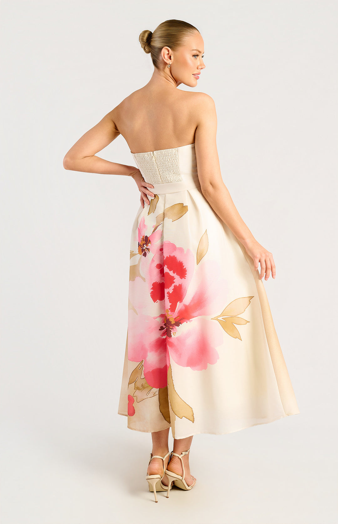 Strapless Placement Print Floral A-Line Midi Dress - Pink Green