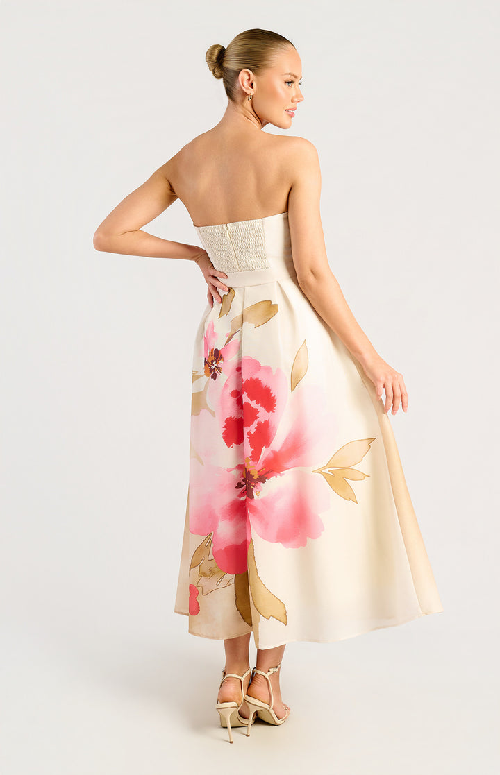 Strapless Placement Print Floral A-Line Midi Dress - Pink Green