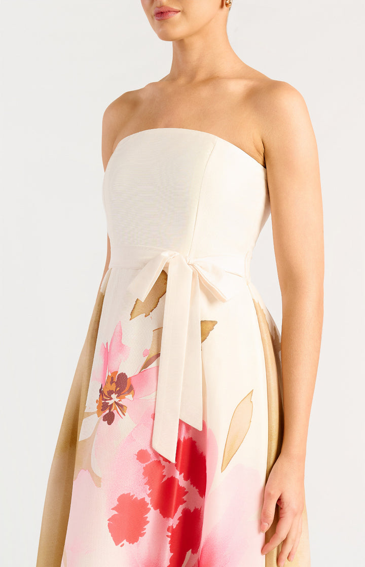 Strapless Placement Print Floral A-Line Midi Dress - Pink Green