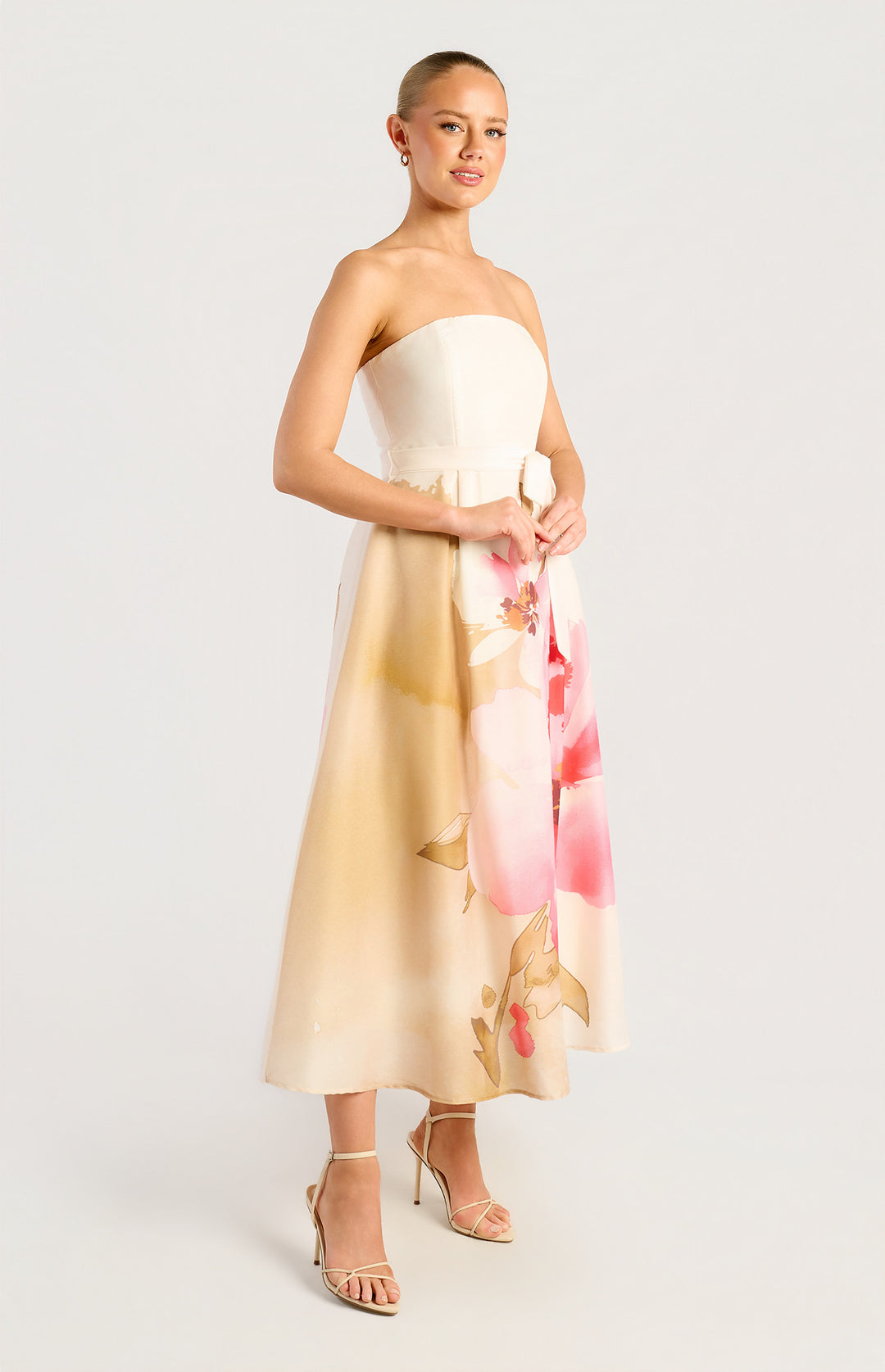 Strapless Placement Print Floral A-Line Midi Dress - Pink Green