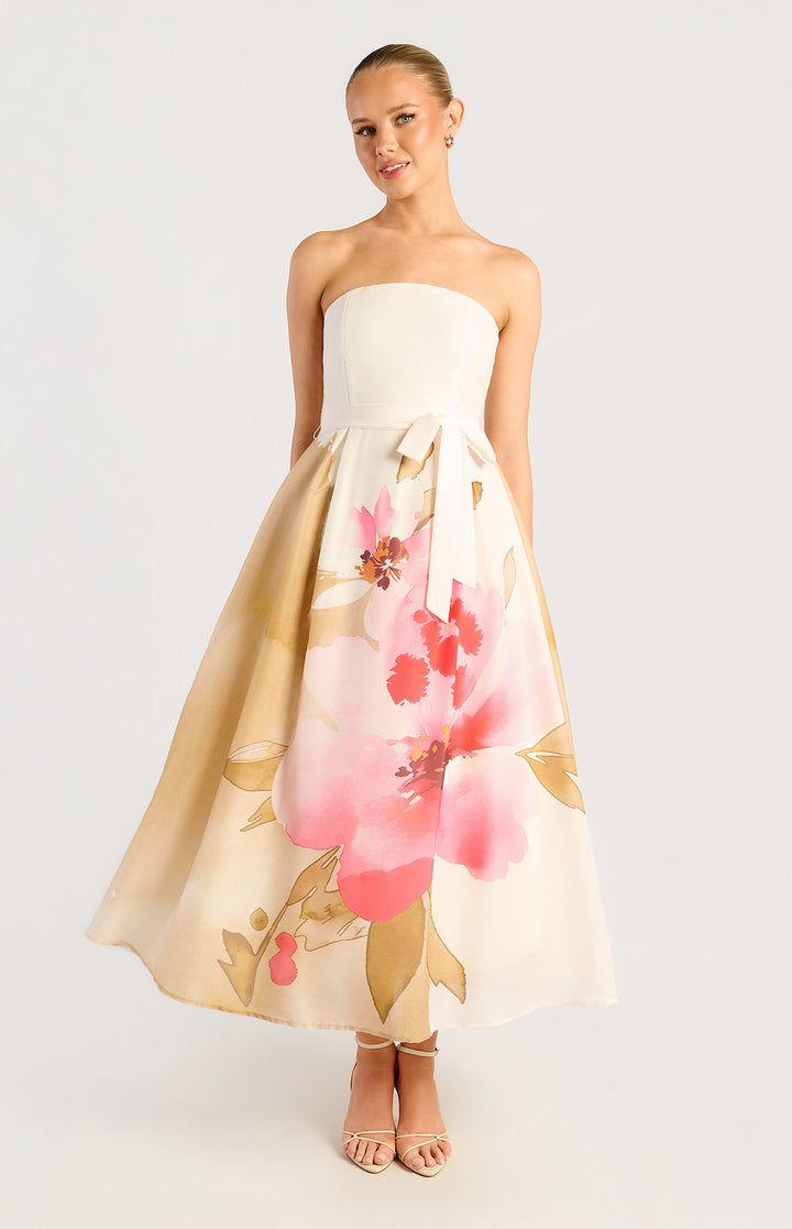 Strapless Placement Print Floral A-Line Midi Dress - Pink Green