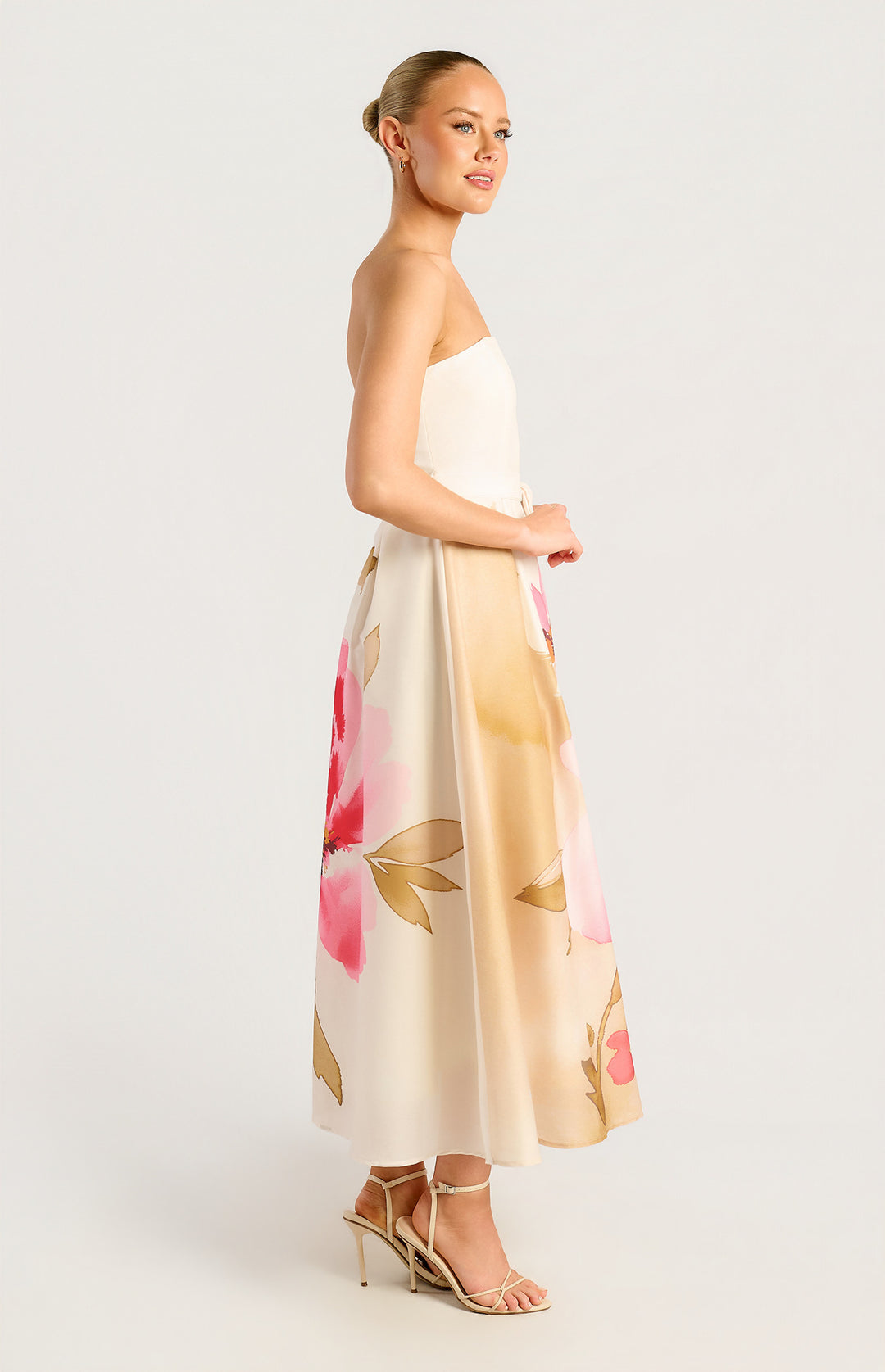 Strapless Placement Print Floral A-Line Midi Dress - Pink Green