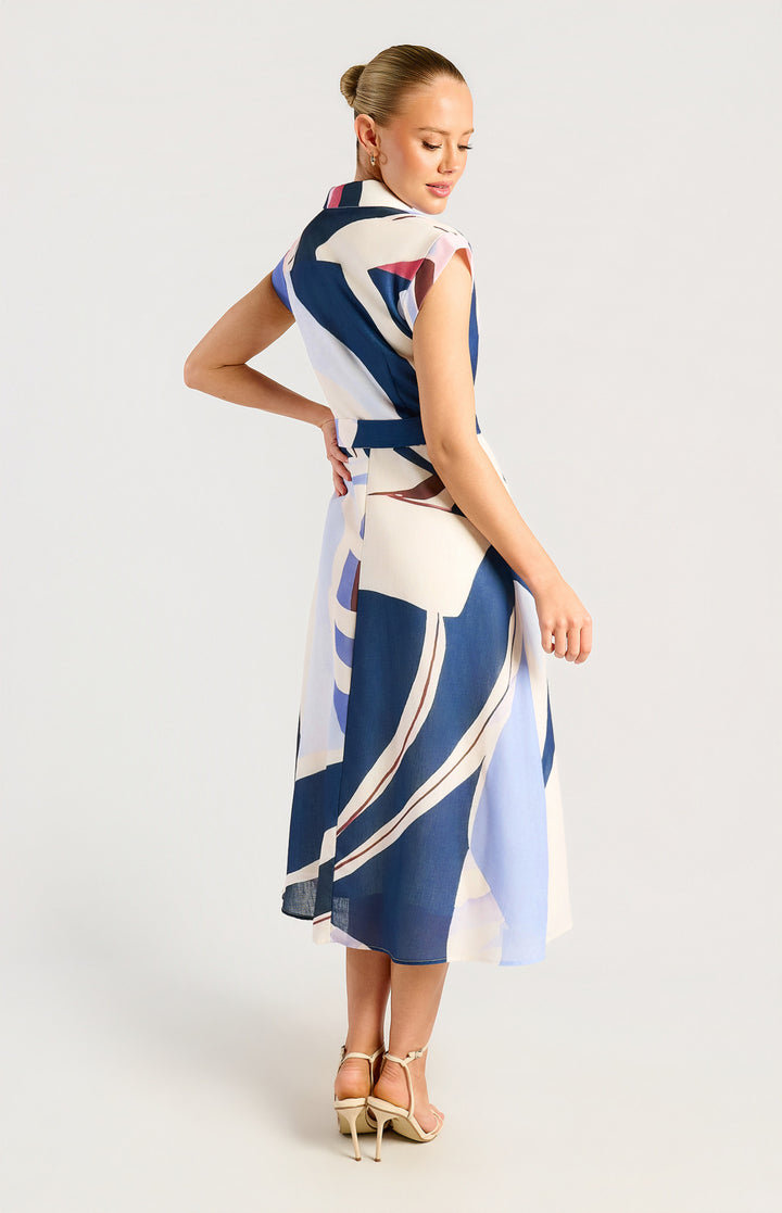 Faux Linen Abstract Print Shirt Dress - Blue