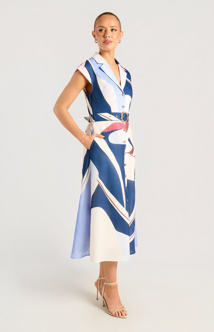 Faux Linen Abstract Print Shirt Dress - Blue
