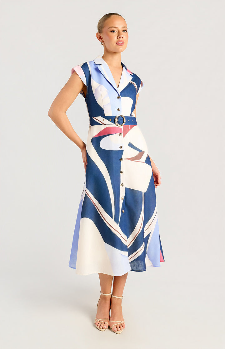 Faux Linen Abstract Print Shirt Dress - Blue