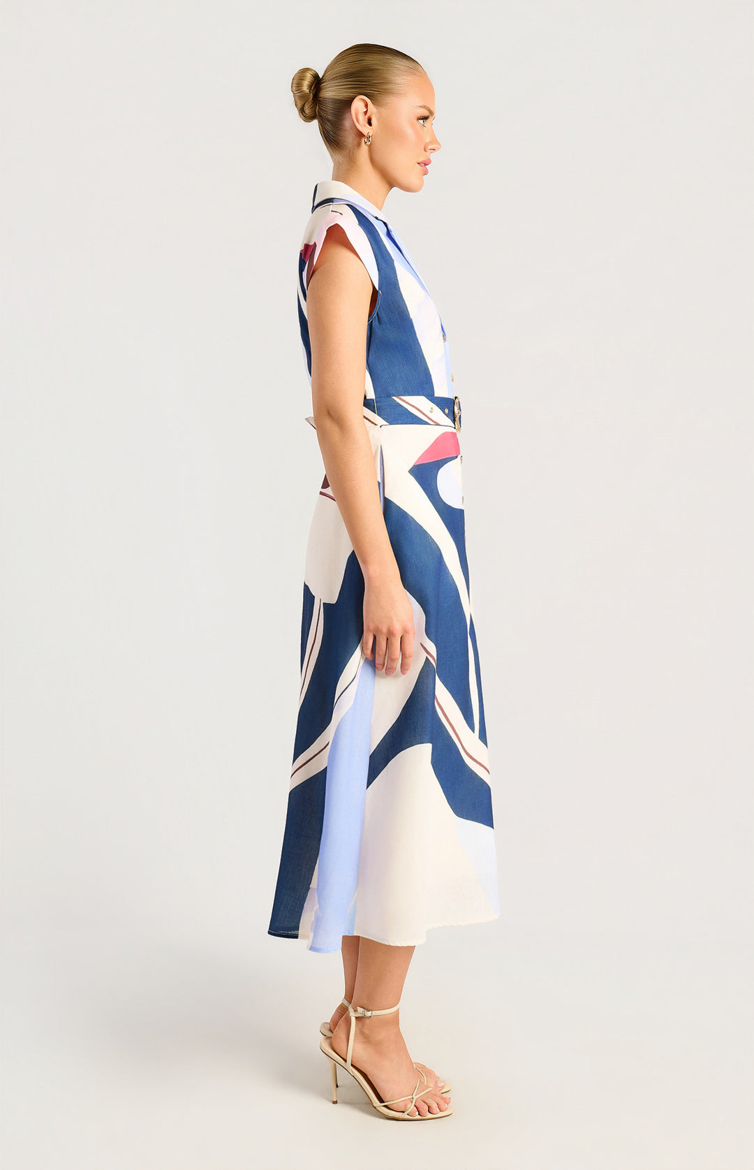 Faux Linen Abstract Print Shirt Dress - Blue