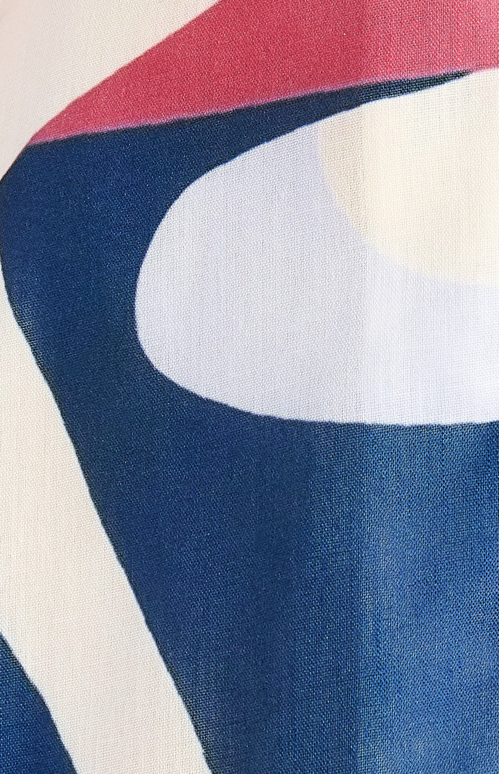 Faux Linen Abstract Print Shirt Dress - Blue