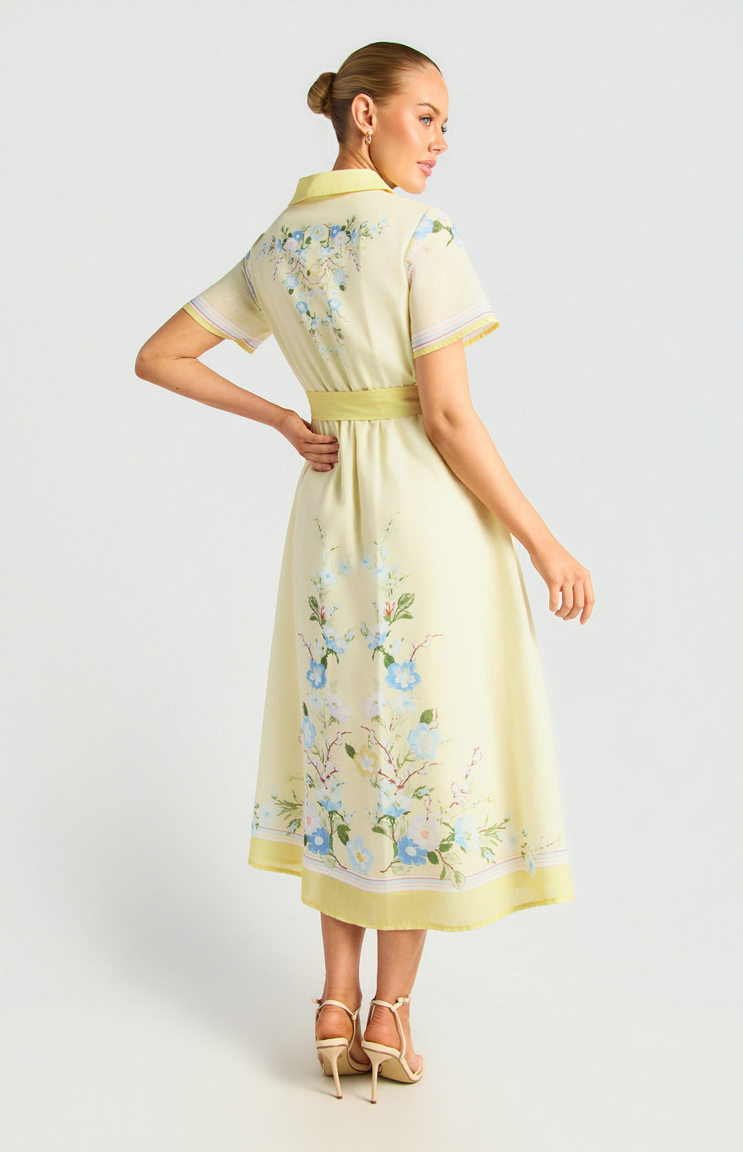 Faux Linen Border Floral Print Shirt Dress - Butter