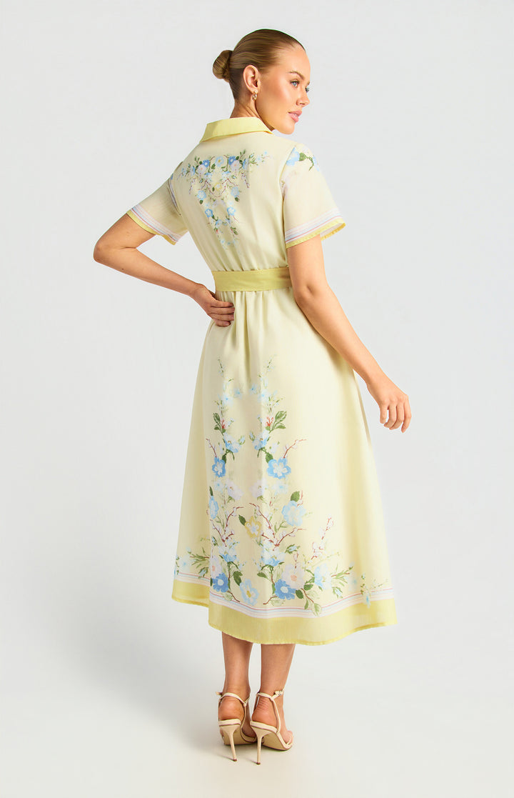 Faux Linen Border Floral Print Shirt Dress - Butter