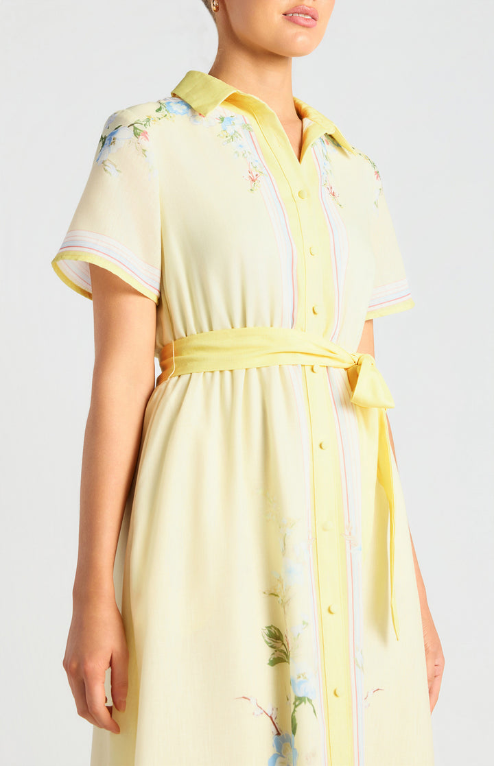 Faux Linen Border Floral Print Shirt Dress - Butter