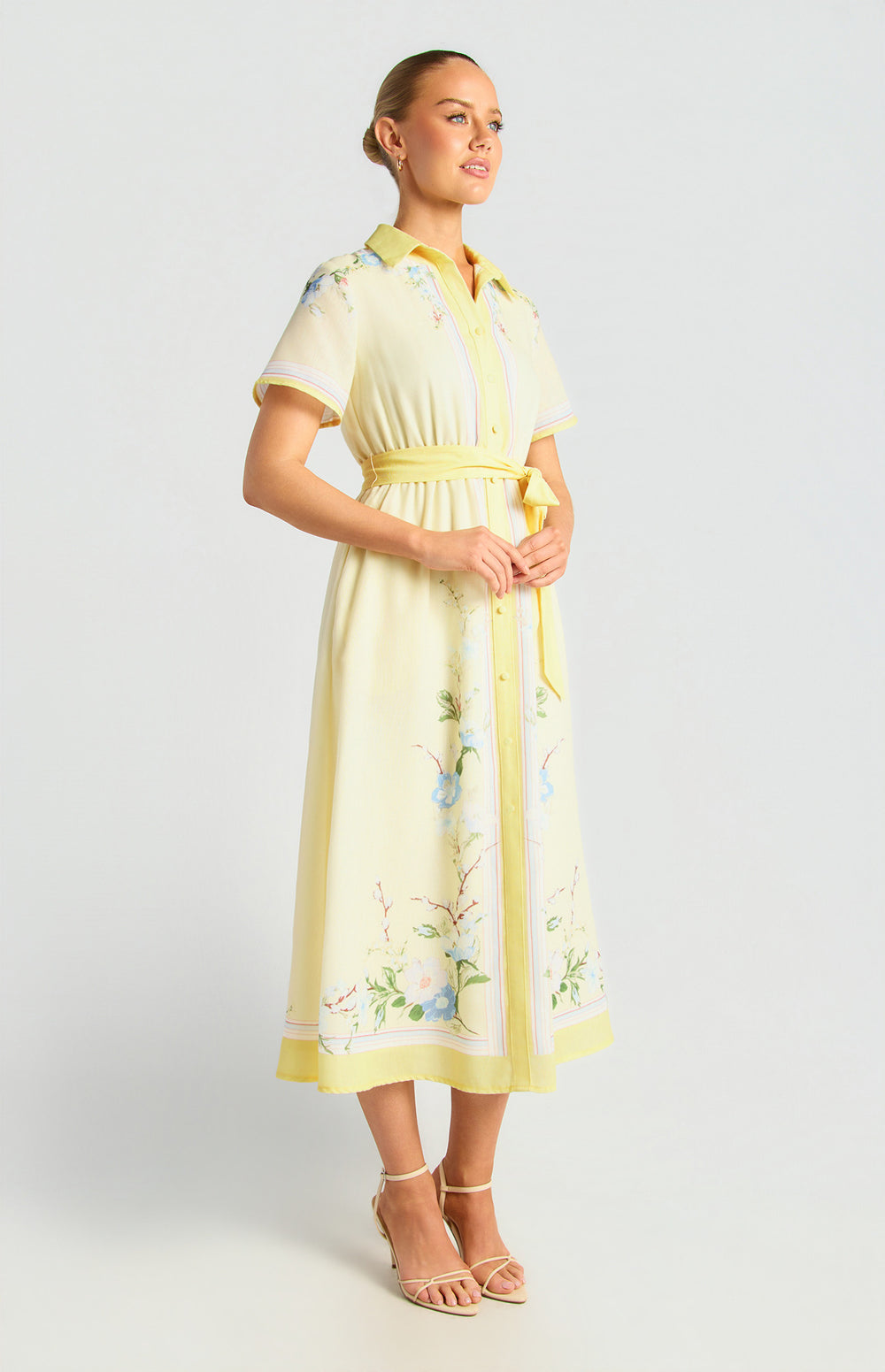 Faux Linen Border Floral Print Shirt Dress - Butter