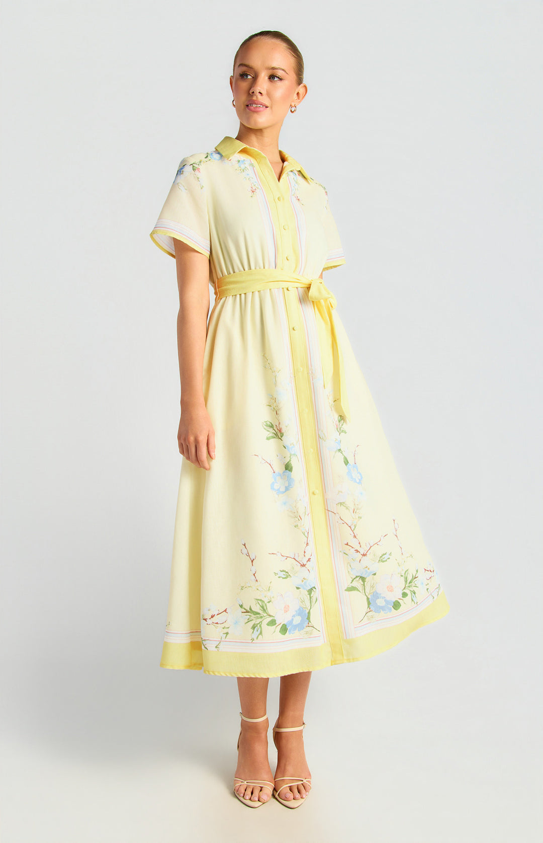 Faux Linen Border Floral Print Shirt Dress - Butter