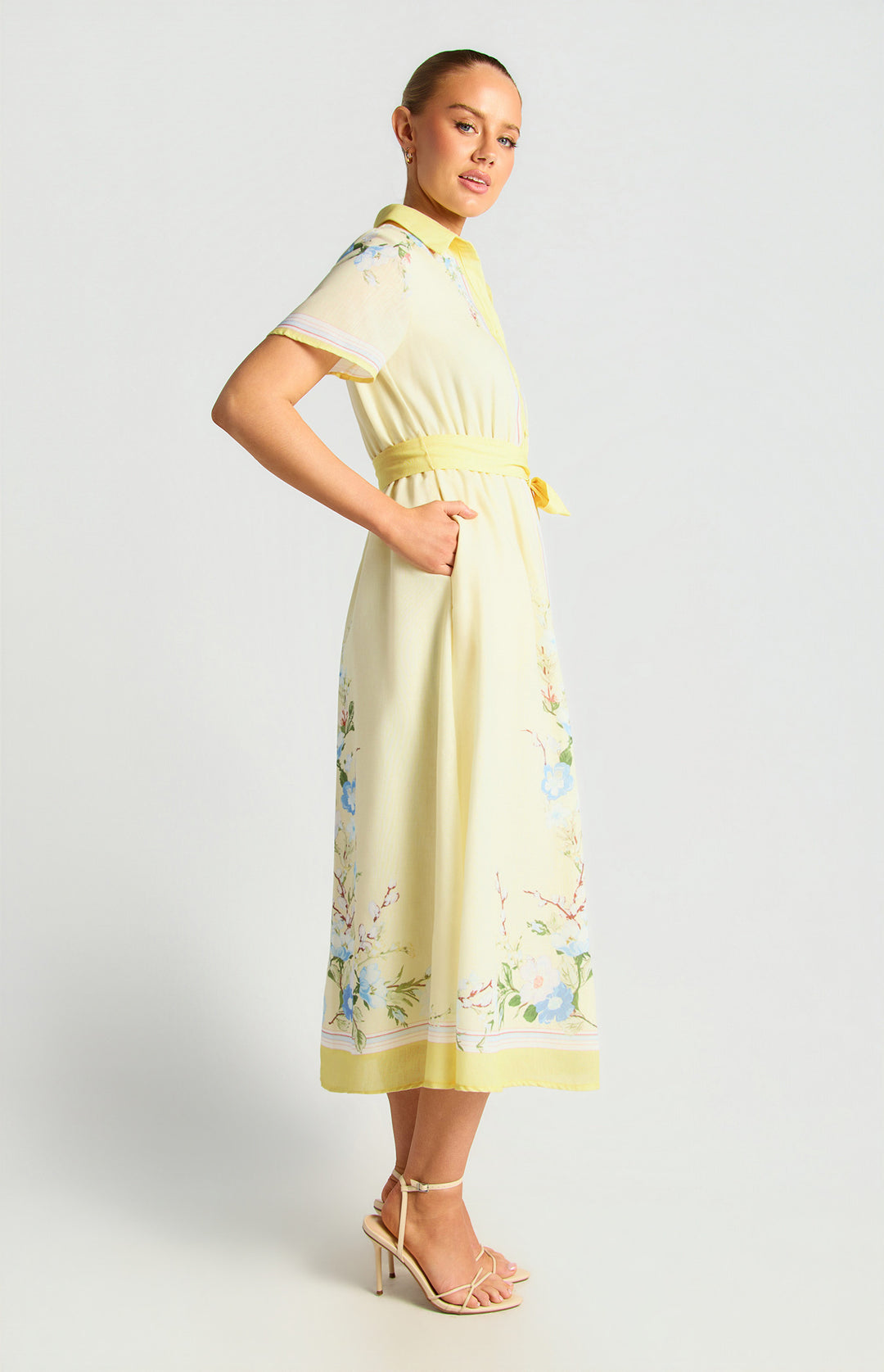 Faux Linen Border Floral Print Shirt Dress - Butter
