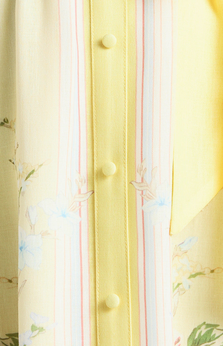 Faux Linen Border Floral Print Shirt Dress - Butter