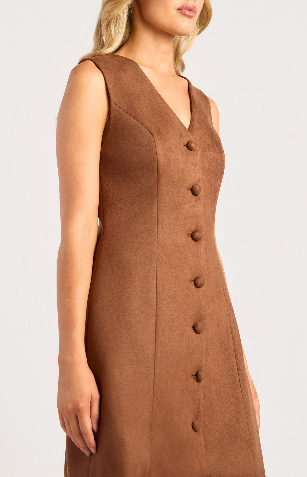 Button Up Sleeveless Suede Mini Dress - Chocolate