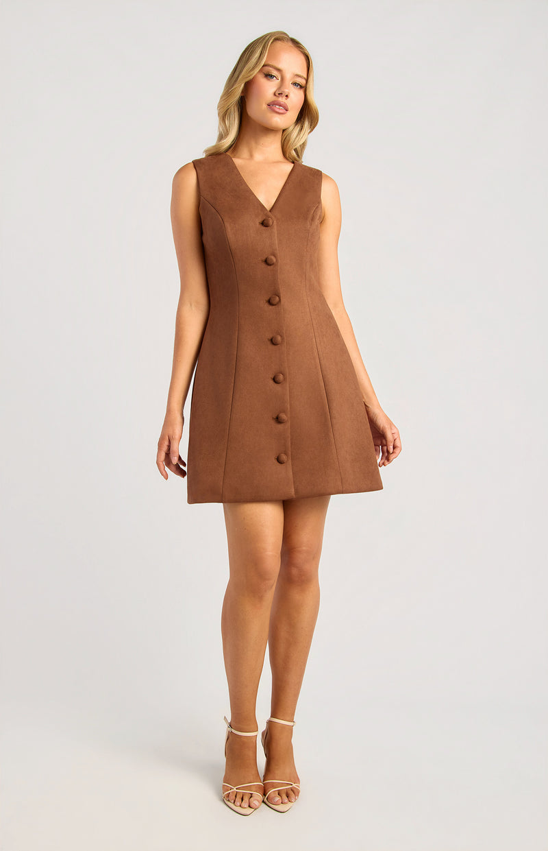 Button Up Sleeveless Suede Mini Dress - Chocolate