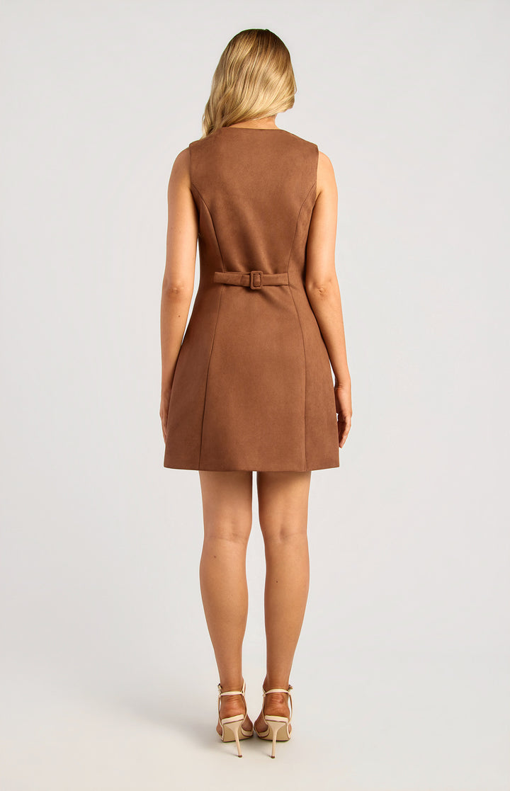 Button Up Sleeveless Suede Mini Dress - Chocolate