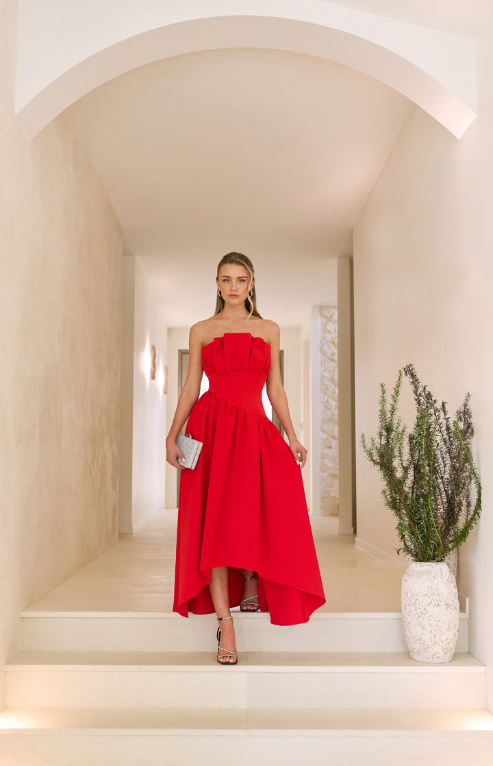 Ruffle Neckline Feature Waterfall Hem Dress