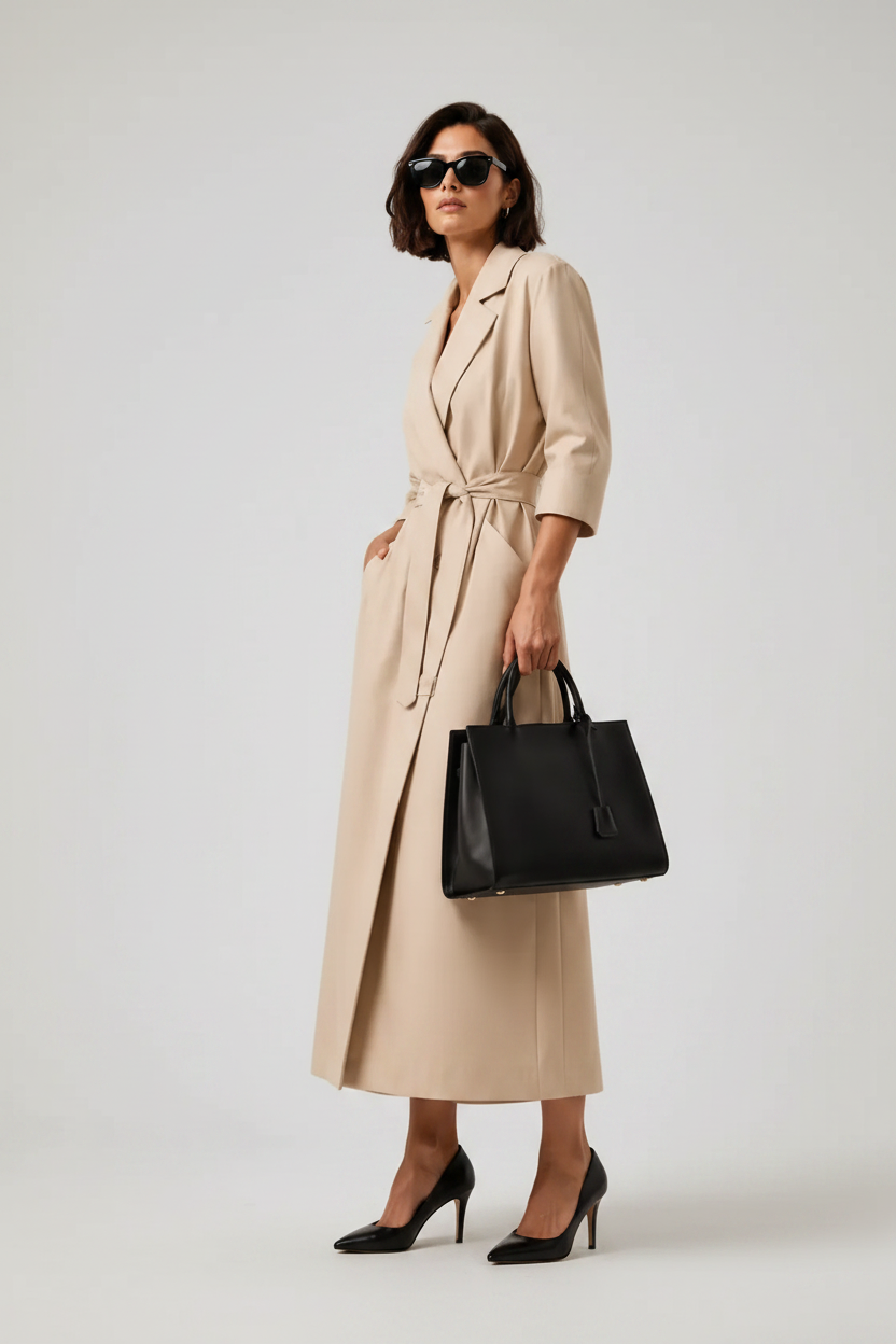 A woman modeling a long beige wrap-style coat with a waist tie, holding a black tote bag and wearing black heels, photographed against a plain warm beige studio background.