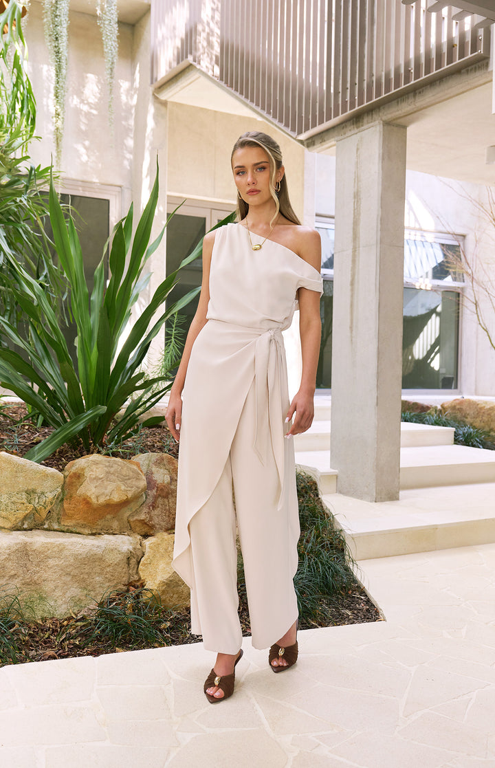 One Shoulder Drape Waist Tie Jumpsuit - Beige
