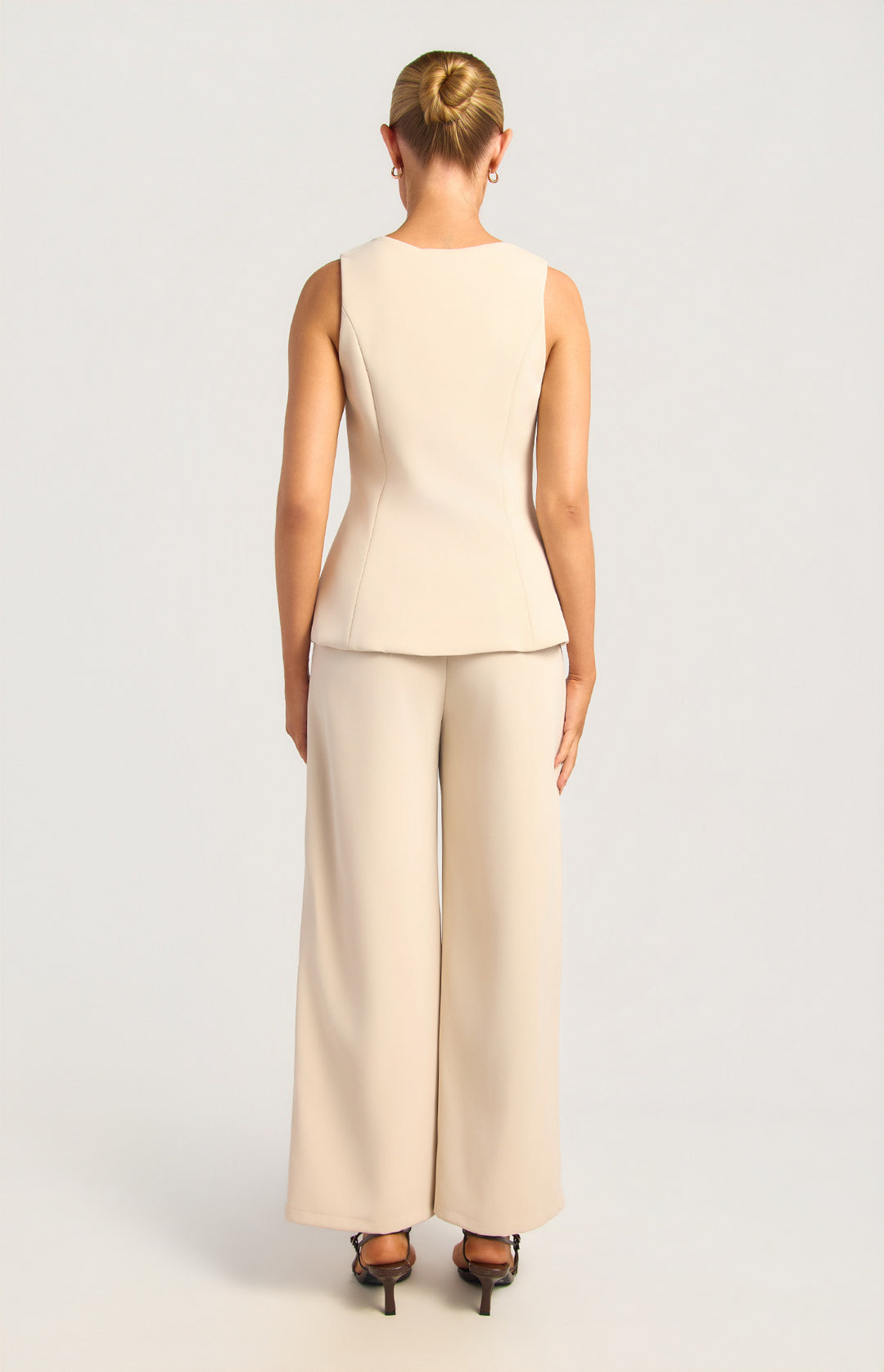Gold Textured Button Detail Vest And Pants Set - Oat