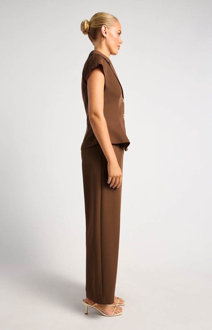 Pleated Cinch Waist Set With Gold Button Top And Pants - Chocolate