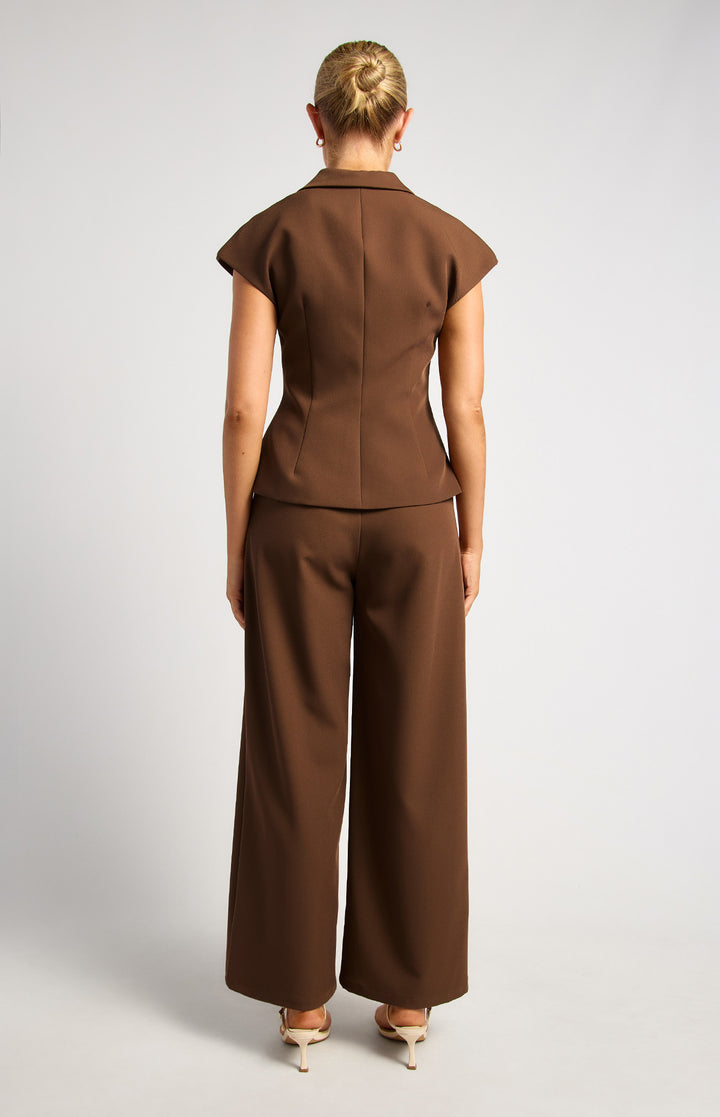 Pleated Cinch Waist Set With Gold Button Top And Pants - Chocolate