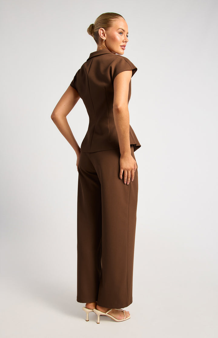 Pleated Cinch Waist Set With Gold Button Top And Pants - Chocolate