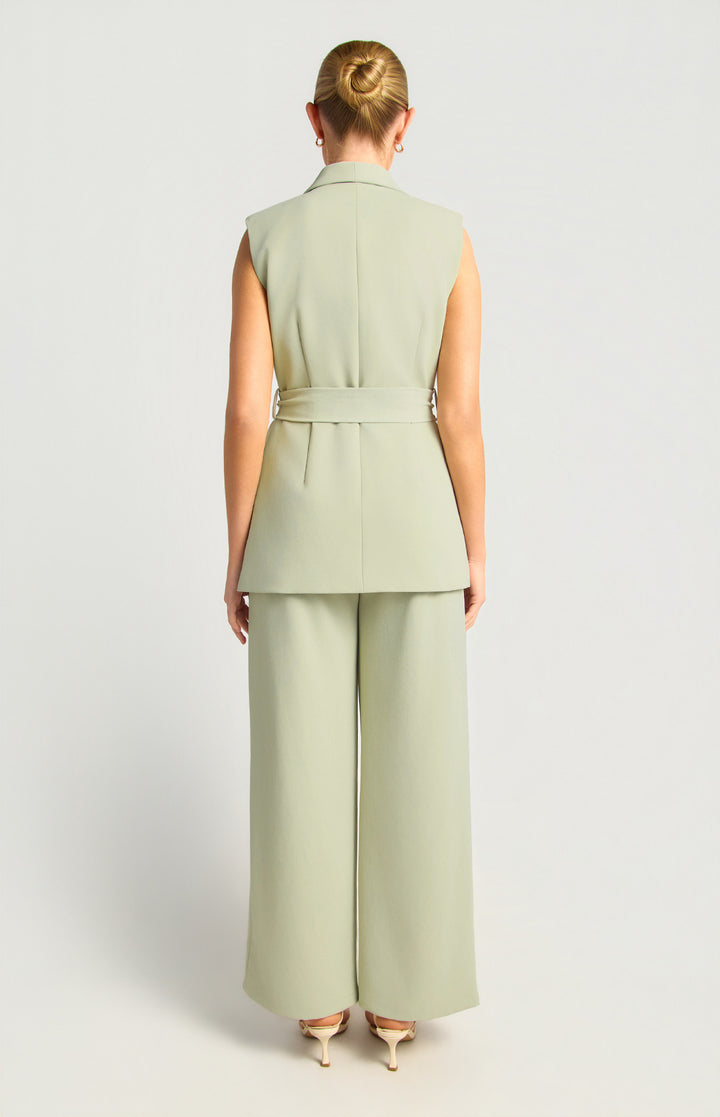 Lapel Collar Tailored Vest Top And Pants Set - Sage