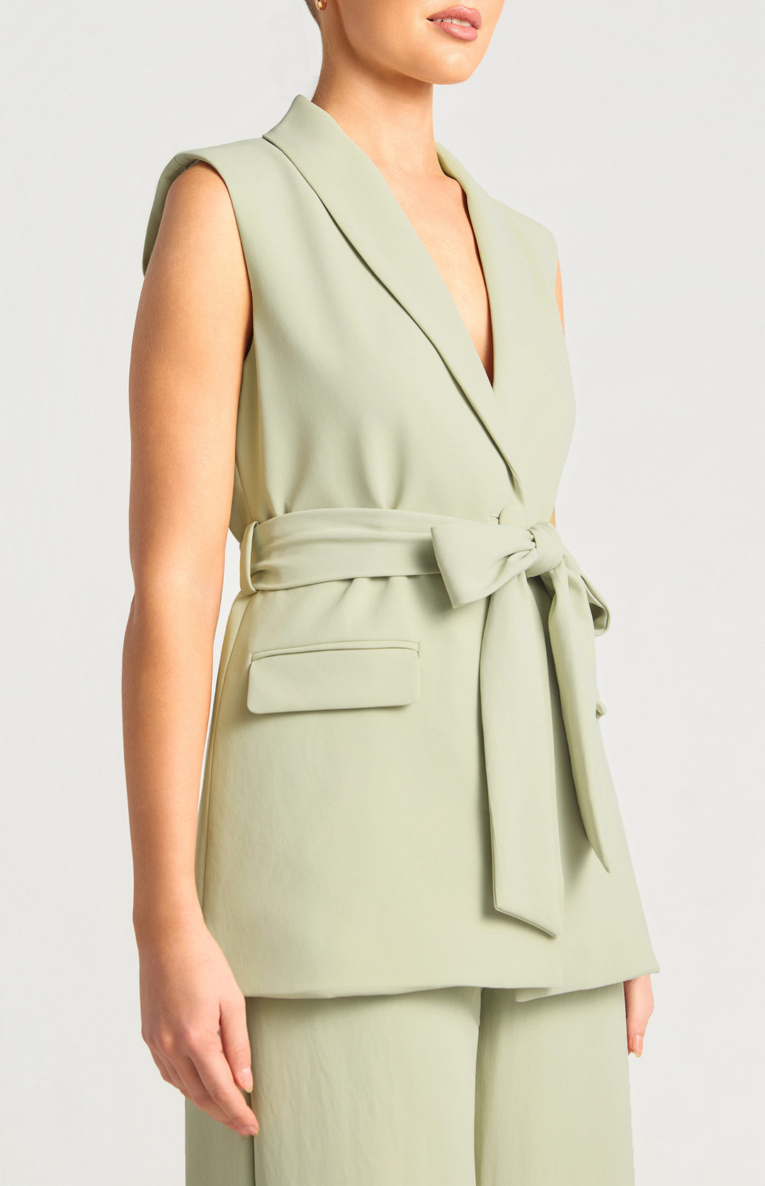 Lapel Collar Tailored Vest Top And Pants Set - Sage