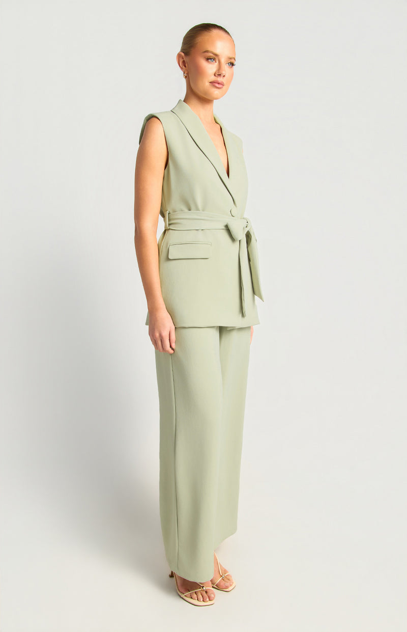 Lapel Collar Tailored Vest Top And Pants Set - Sage