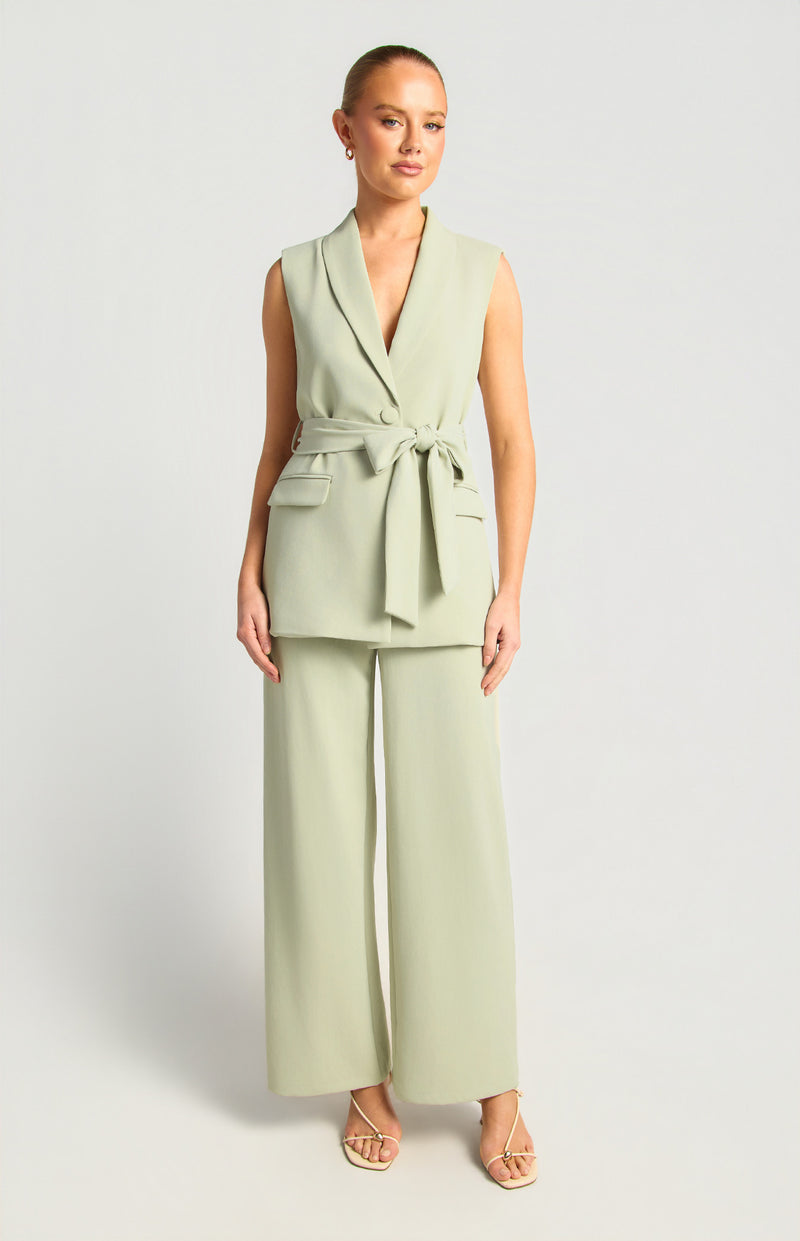 Lapel Collar Tailored Vest Top And Pants Set - Sage