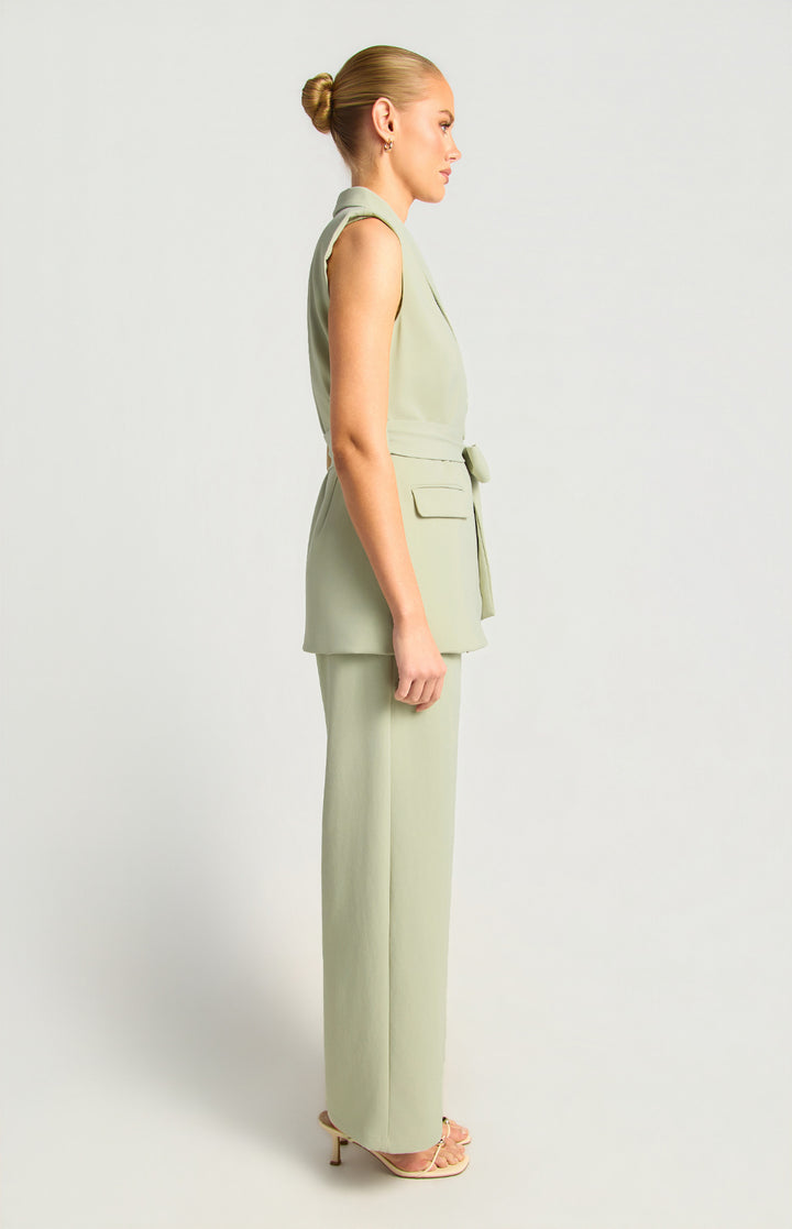 Lapel Collar Tailored Vest Top And Pants Set - Sage