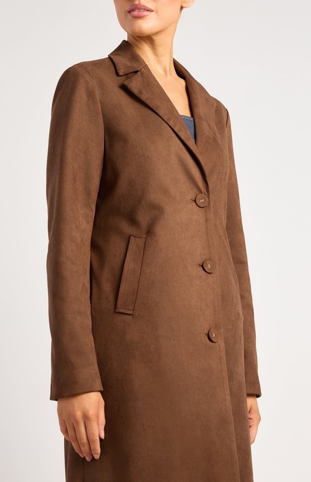 Longline Suede Coat With Adjustable Waist Buckle - Chocolate