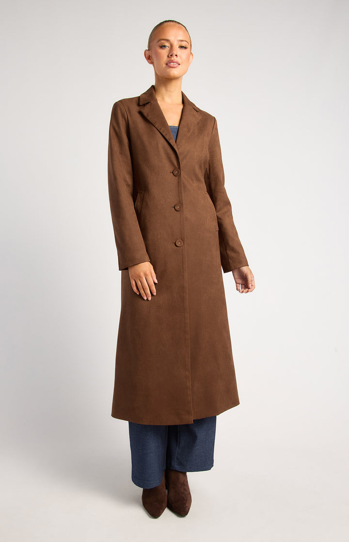 Longline Suede Coat With Adjustable Waist Buckle - Chocolate