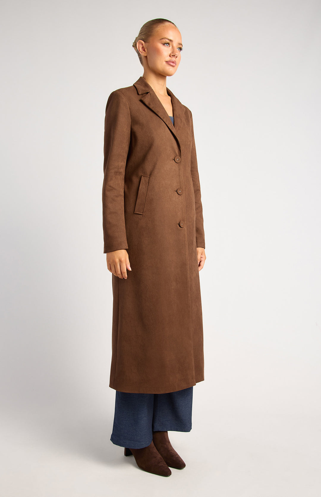 Longline Suede Coat With Adjustable Waist Buckle - Chocolate