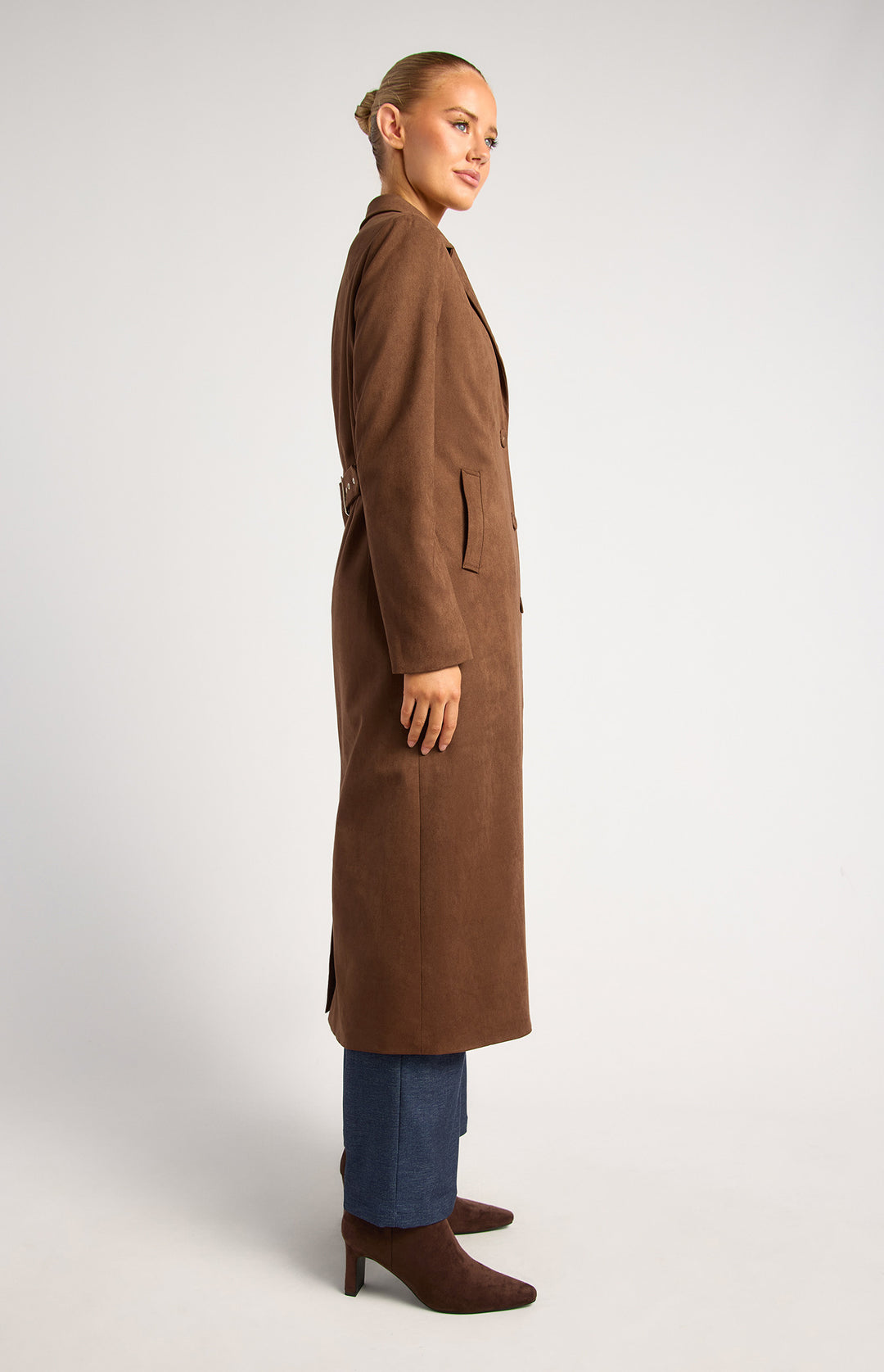 Longline Suede Coat With Adjustable Waist Buckle - Chocolate
