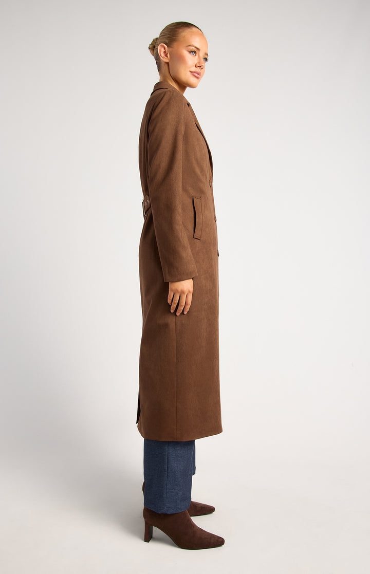 Longline Suede Coat With Adjustable Waist Buckle - Chocolate
