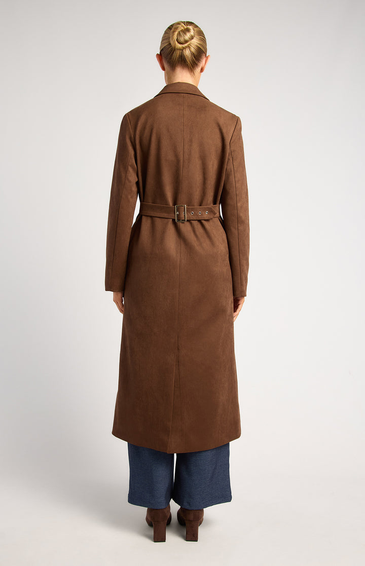 Longline Suede Coat With Adjustable Waist Buckle - Chocolate