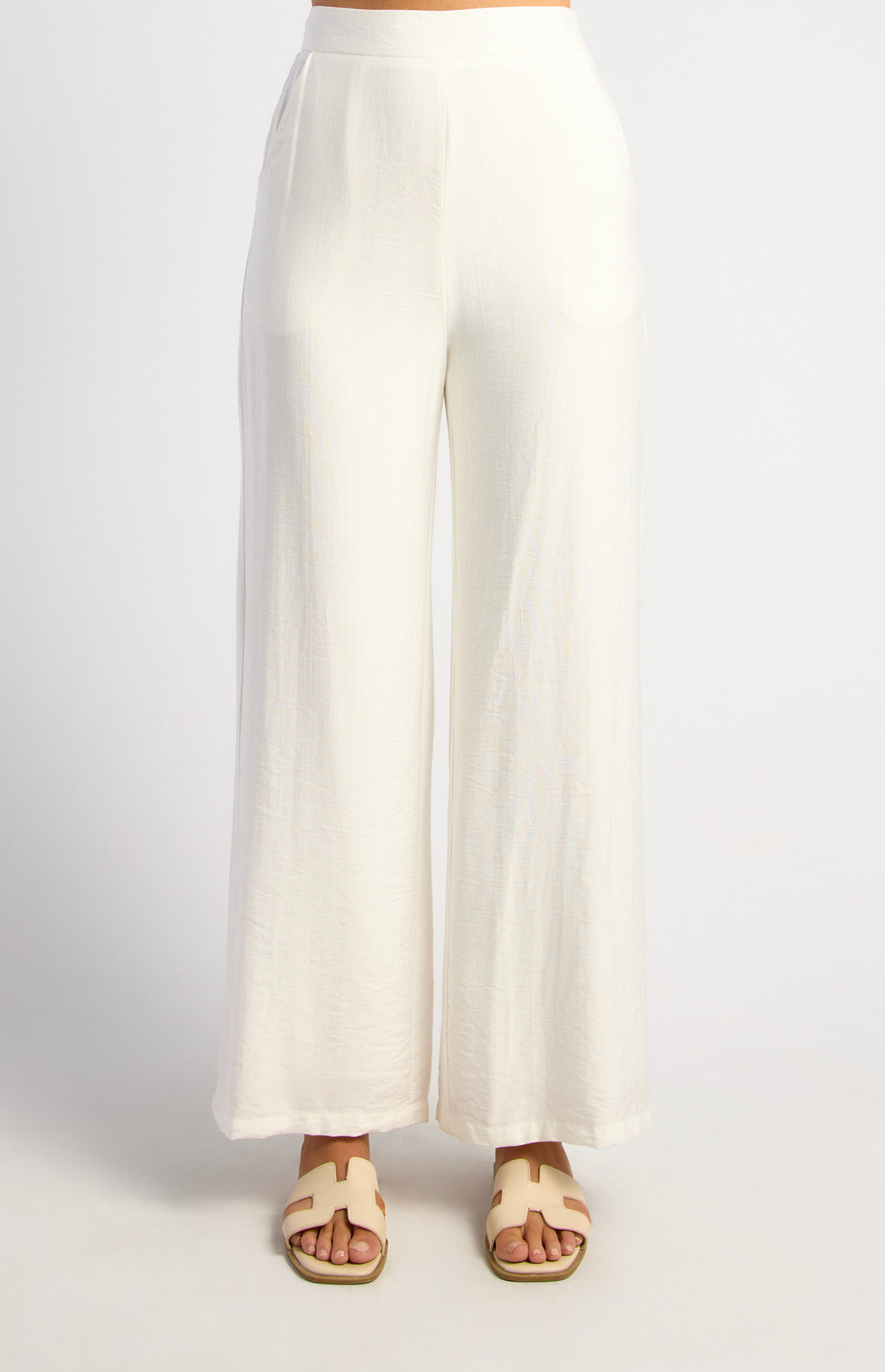 Textured Pants With Elastic Back Waist - White
