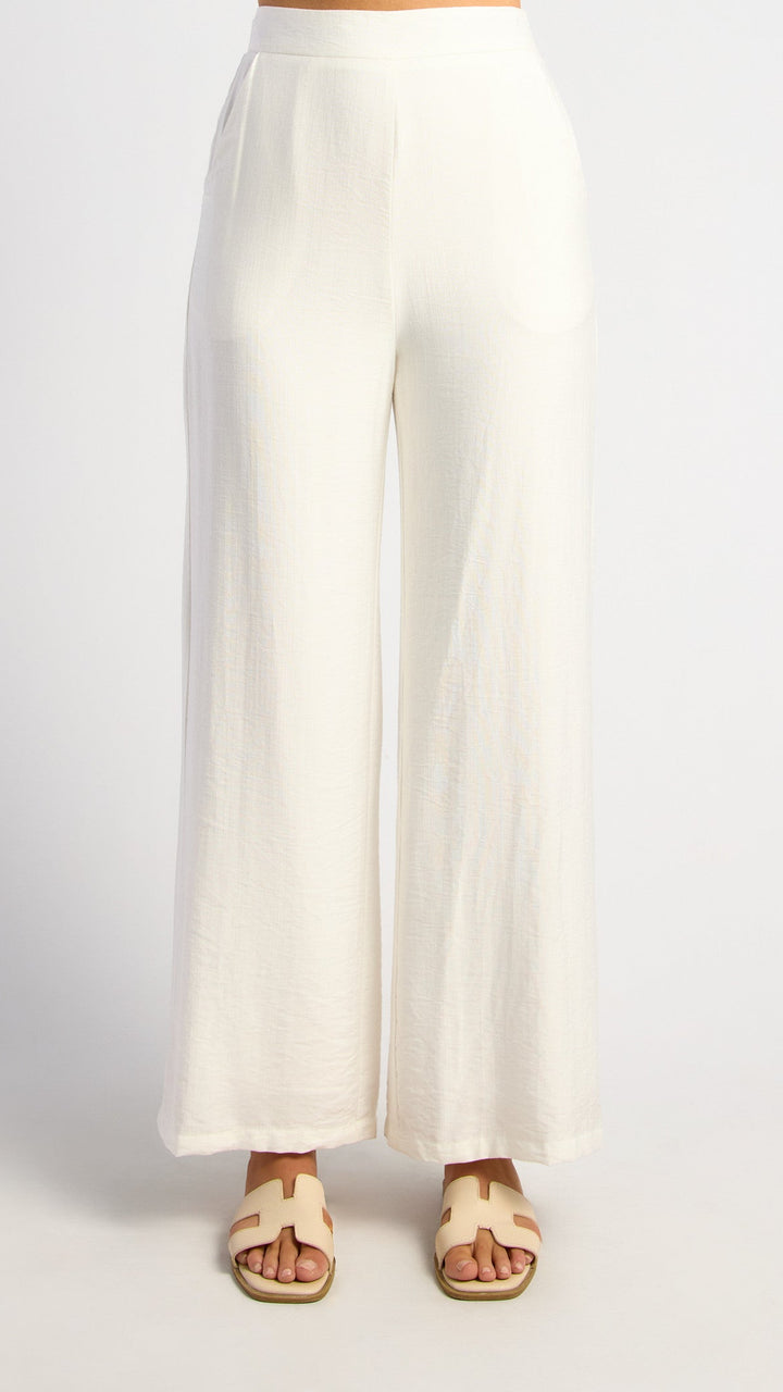 Textured Pants With Elastic Back Waist - White