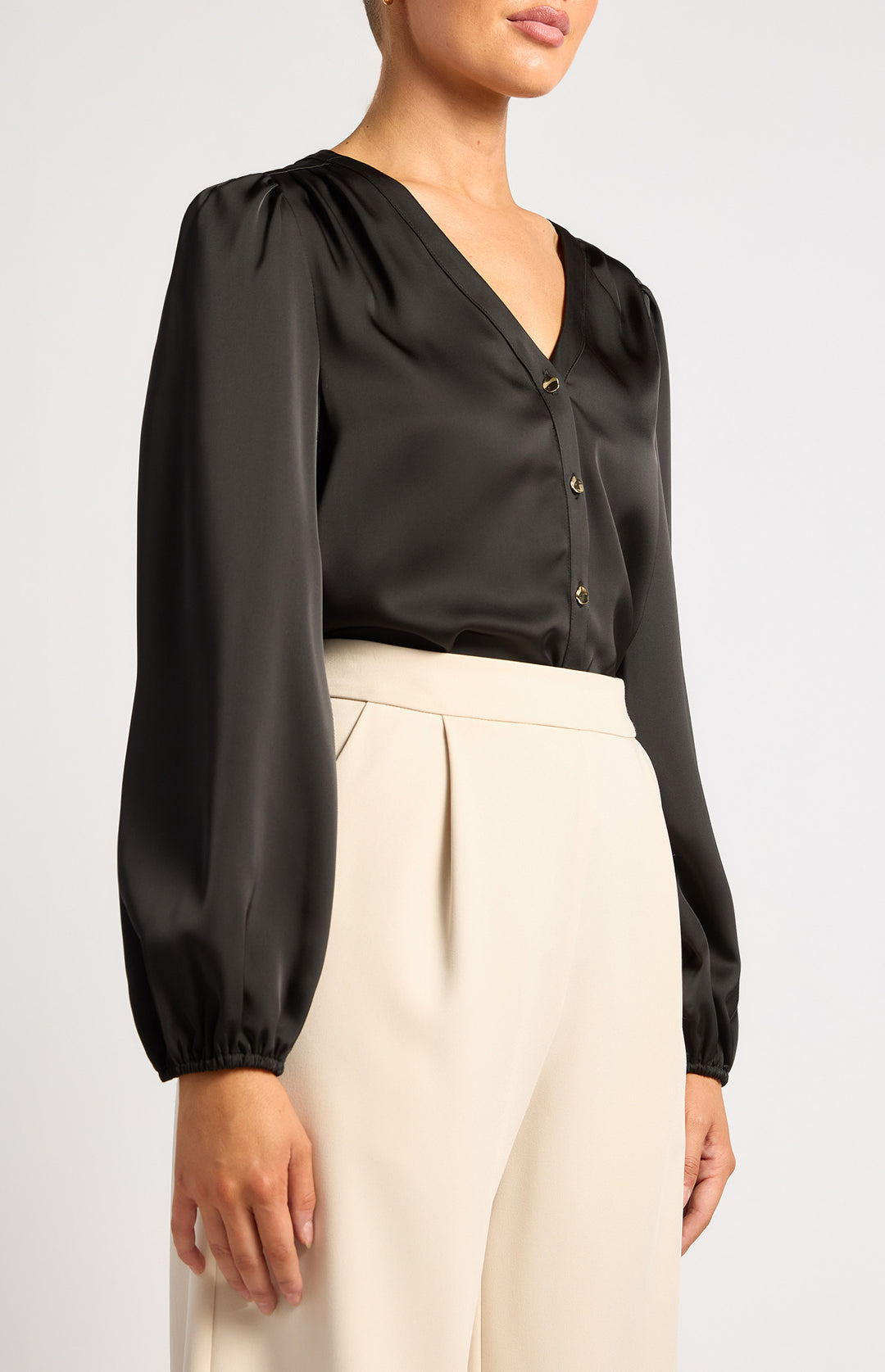 Pleat Shoulder With Gold Buttons Detail Blouse - Black