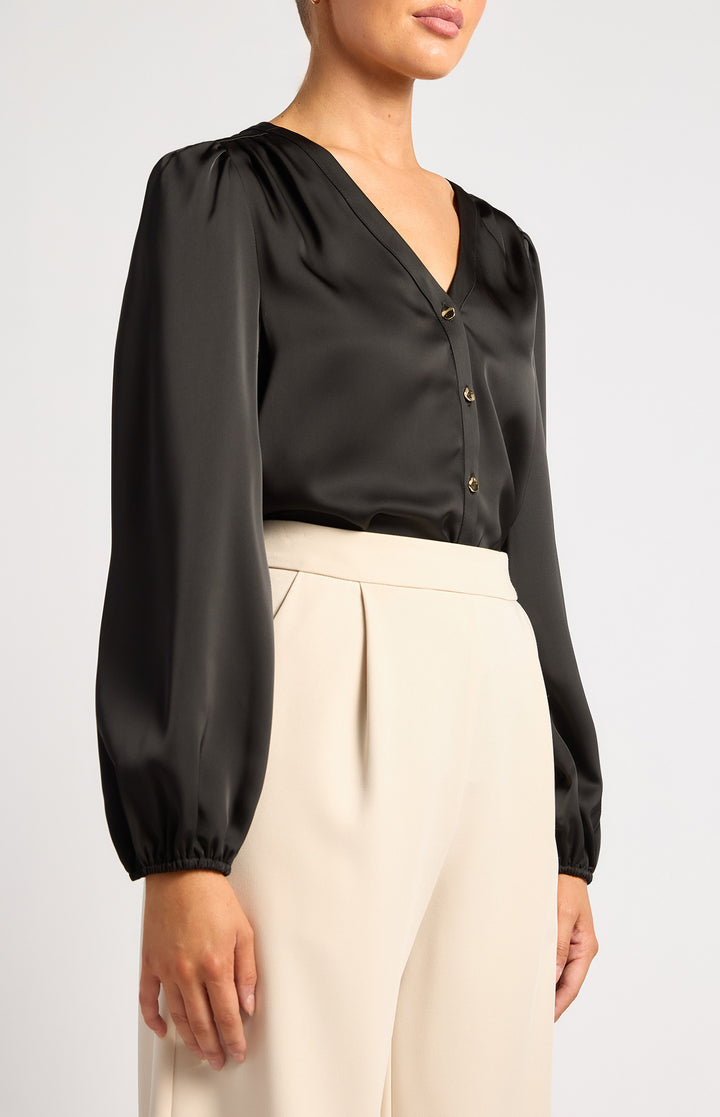Pleat Shoulder With Gold Buttons Detail Blouse - Black