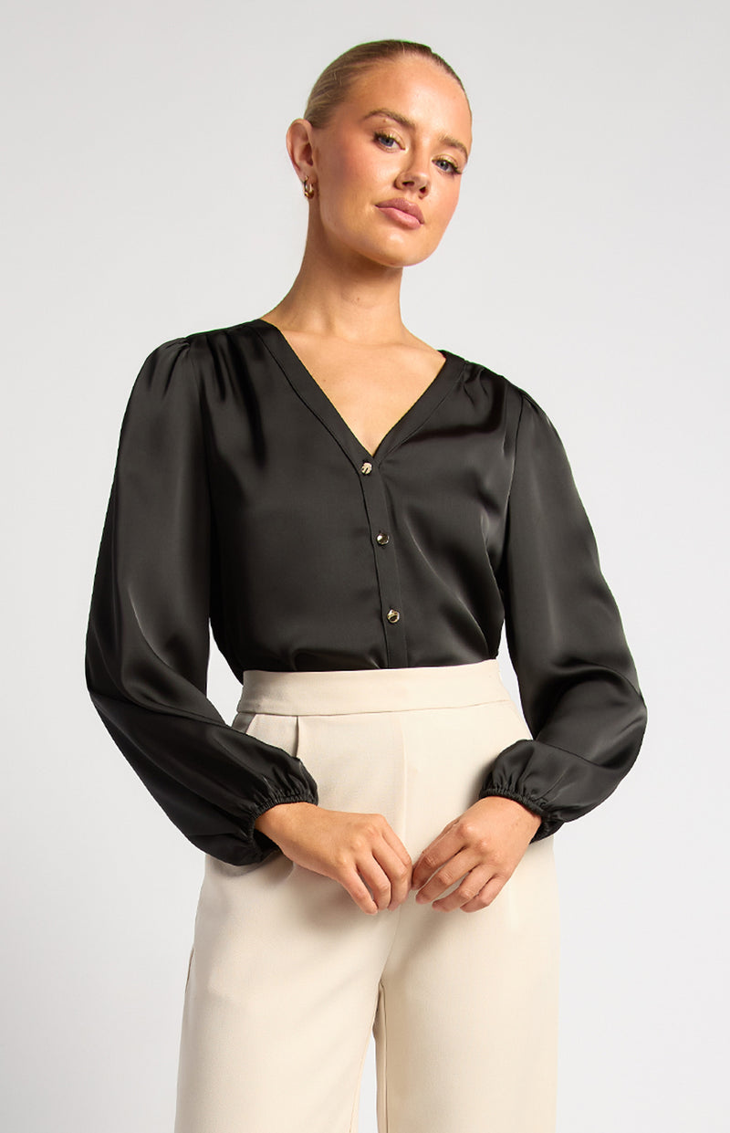 Pleat Shoulder With Gold Buttons Detail Blouse - Black