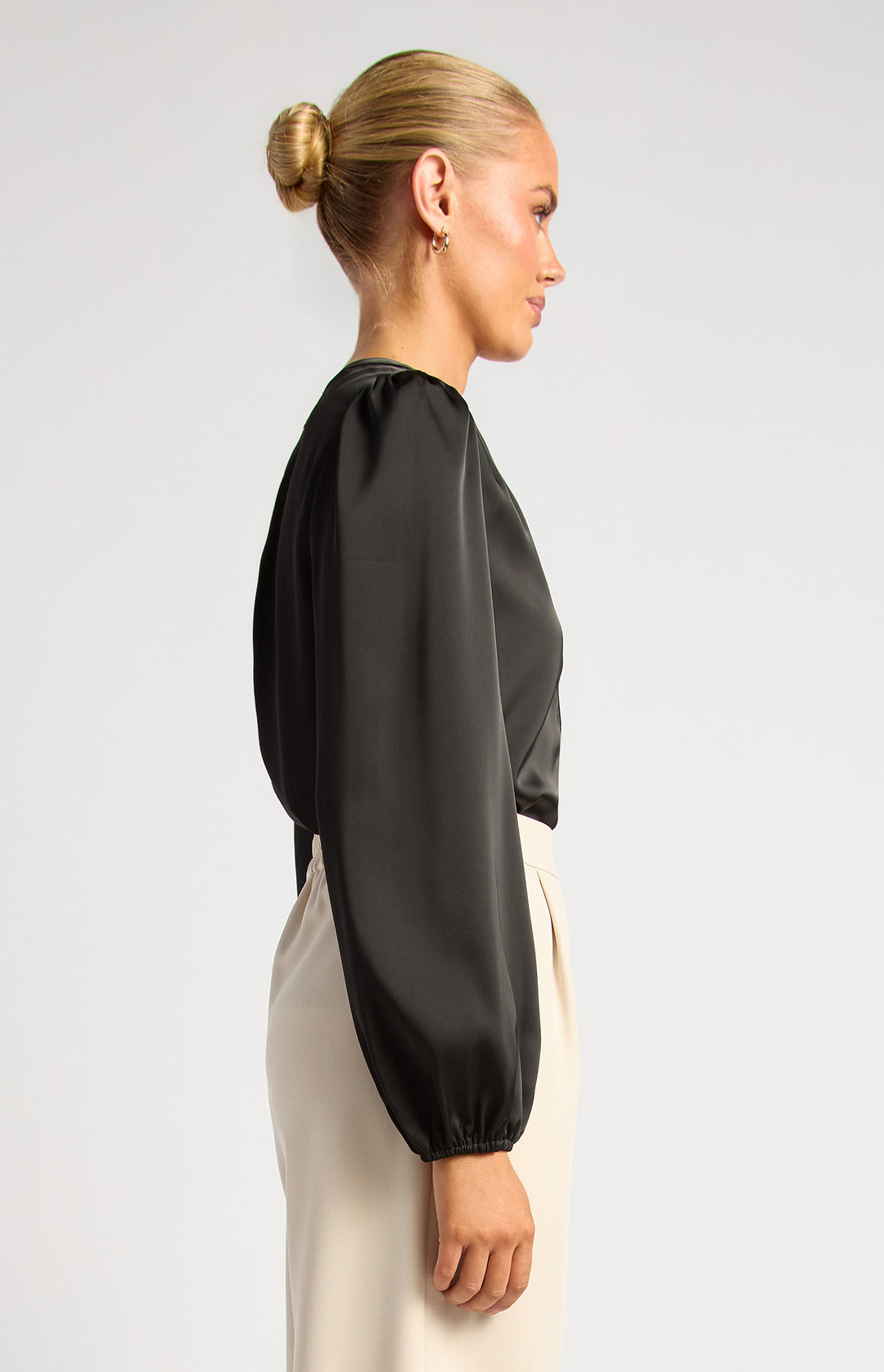 Pleat Shoulder With Gold Buttons Detail Blouse - Black