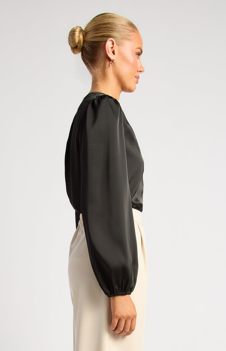 Pleat Shoulder With Gold Buttons Detail Blouse - Black