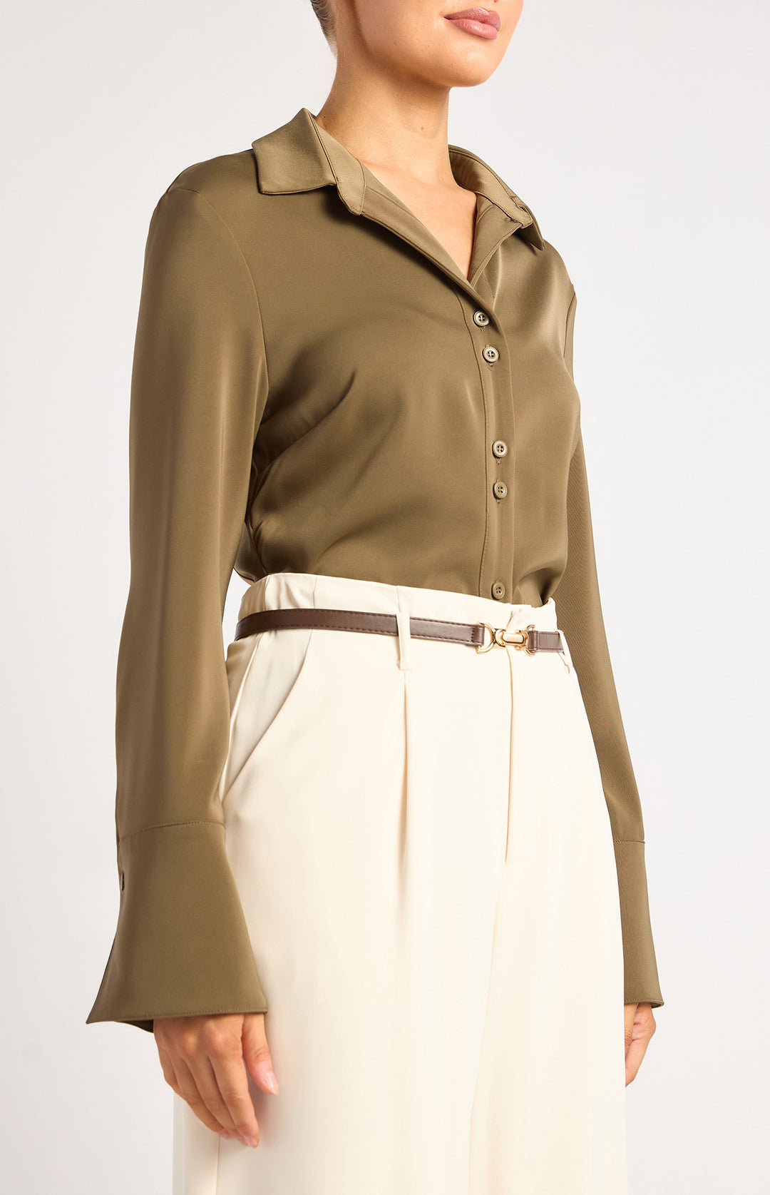 Double Button Detail Flare Cuff Satin Shirt